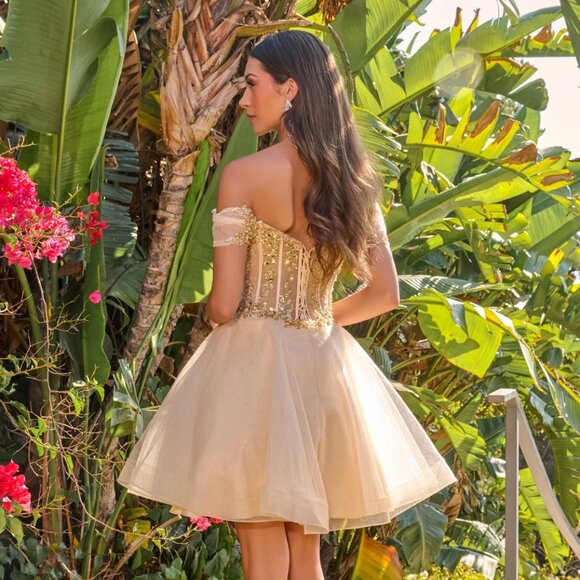 New Off Shoulder Short Special Occasion Mesh Dress w/ Sheer Boned Bodice GS3684 - Picture 7 of 9